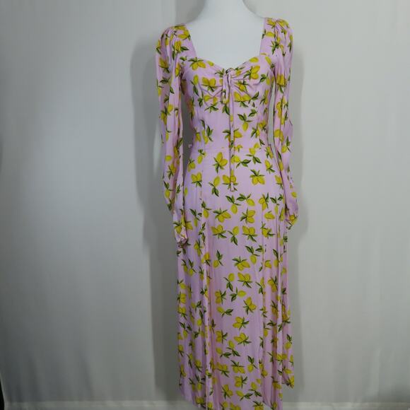 Yumi Kim Lavender Lemon Print Sweetheart Neckline Long Sleeve Midi Dress Small - Picture 1 of 8